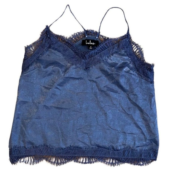 LULUS In the Mood Dusty Blue Satin Lace Cami Top - Picture 3 of 5